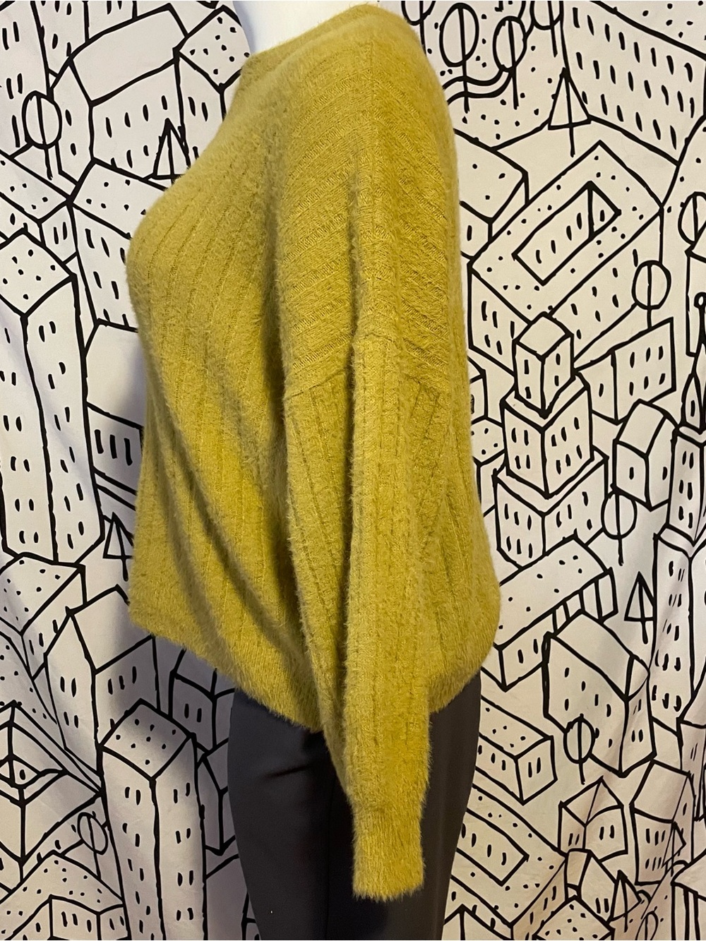 SO Women's Scoop Neck Fuzzy Knit Sweater in Mustard Green
